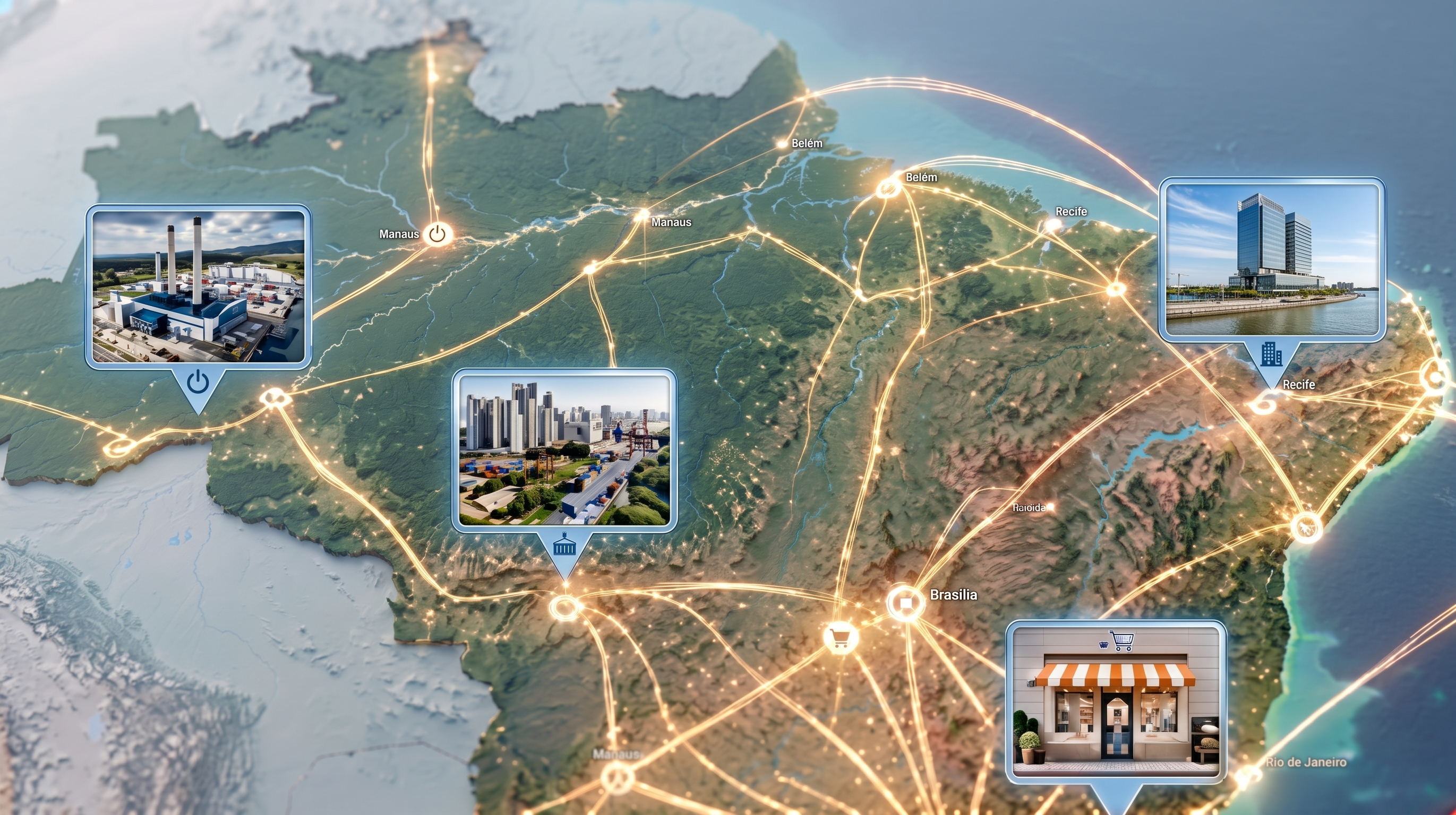 Mapa do Brasil com rotas iluminadas ligando cidades e empresas